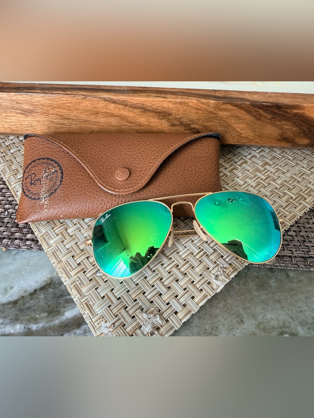 Ray-Ban Gold Frame Aviator Sunglasses with Green Mirror Lenses
